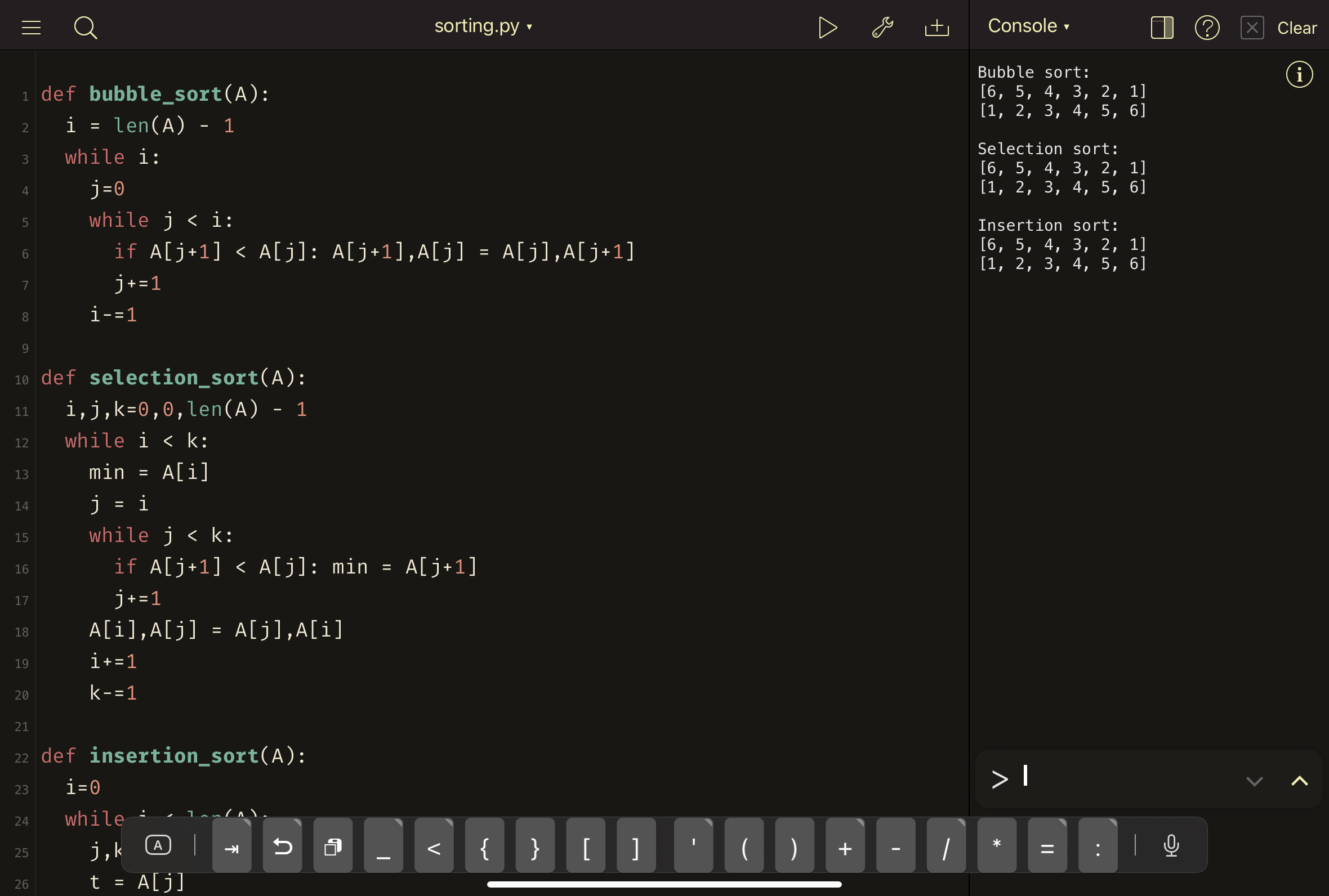 Python code running on iPad app; Pythonista