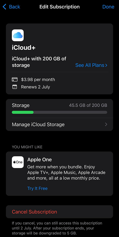 Apple One ad appearing on Edit Subscription screen, deep inside Settings