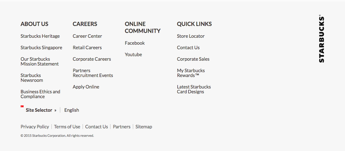 Starbucks' website footer nav